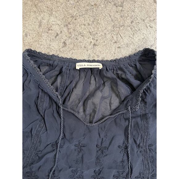 ULLA JOHNSON Silk Floral Embroidered‎ Navy Peasant Top, Tassel Silk Size 4 - Picture 3 of 10